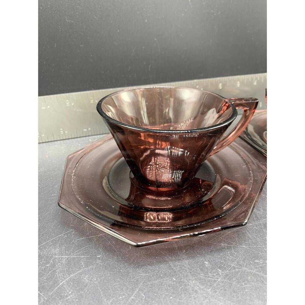 Amethyst Hazel-Atlas Moroccan Depression Glass Cup And Saucer Octagon - Picture 8 of 9